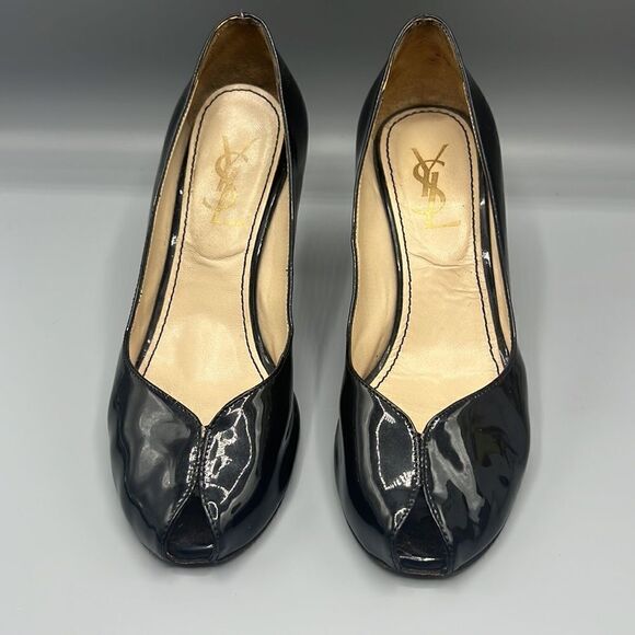 YSL Yves Saint Laurent Black Patent Leather Open Toe Heels Pumps - Picture 9 of 9